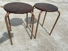 Pair of Vintage MCM Faux Leather Seat Metal Legs Space Age Stools Stacking NL