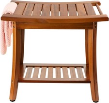 Teak Shower Bench Seat with Handles, Wooden Spa Bathing Stool with Storage Shelf