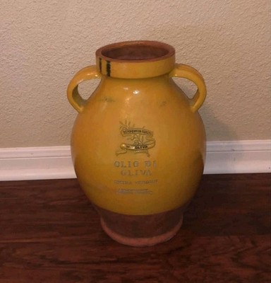 Vintage Italian Olio di Oliva Large Double Handled Yellow Jar 13.5'' tall