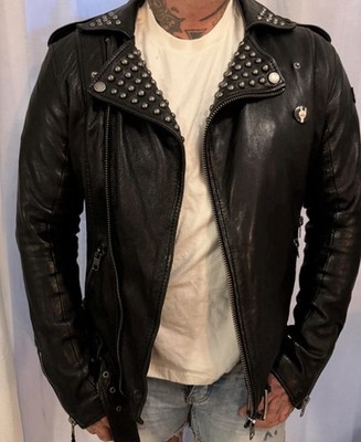 Tigha Herren Lederjacke Biker schwarz Gr. L mit Reißverschluss Nieten Stickerei