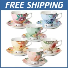 Stylish Porcelain Tea Cups Set - 6 Pack, Floral Design