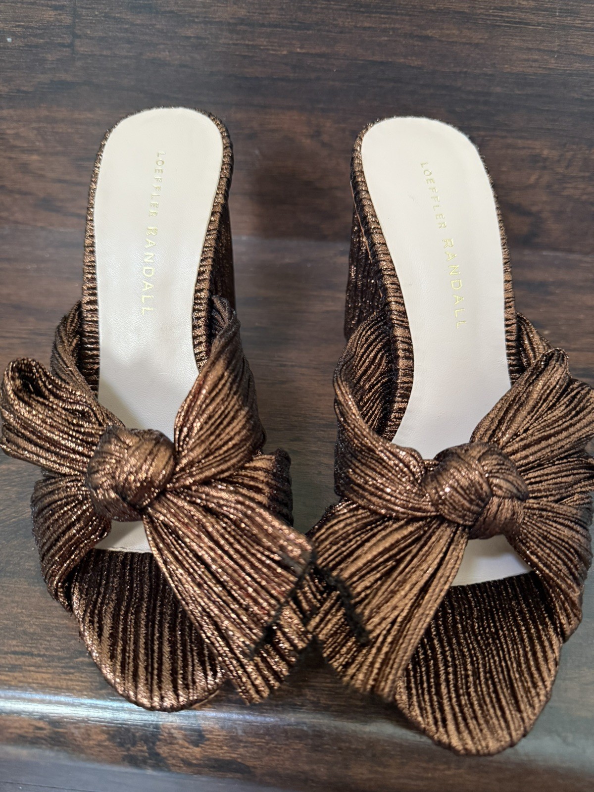 NWOB Loeffler Randall Penny Knot How Mules Sandals Heels Mocha Brown Pleated 6.5 image 6