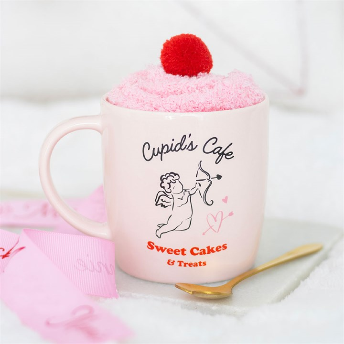 Cupid's Café Mug, Spoon and Socks Romantic Gift Set. Valentines Gift.