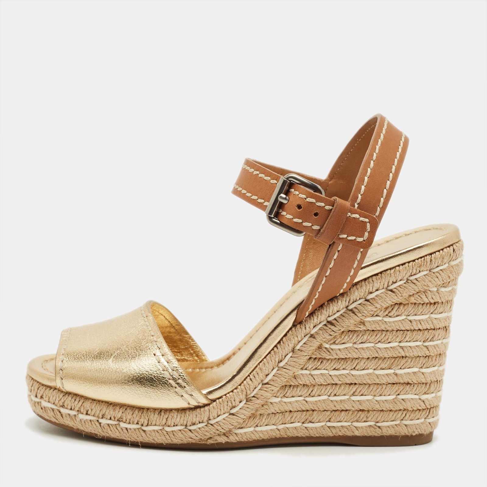 Prada Size 40 GoldBrown Leather Espadrille Wedge Sandals