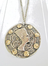 Vtg Nefertiti Egyptian Revival Pendant Chain Necklace Silver Tone 26" Goddess