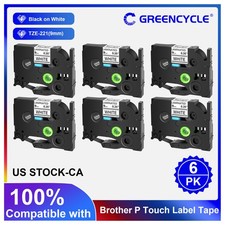 6PK 0.35'' TZe-221 TZe221 Black on White Label Tape for Brother PT-D400 PT-D600