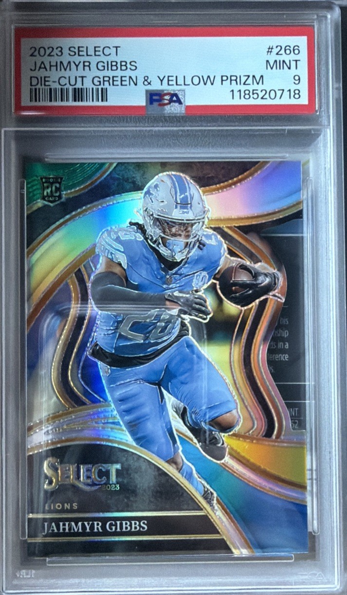 2023 Jahmyr Gibbs Panini Select Rookie (Die Cut Green Yellow Prizm) #266 PSA 9