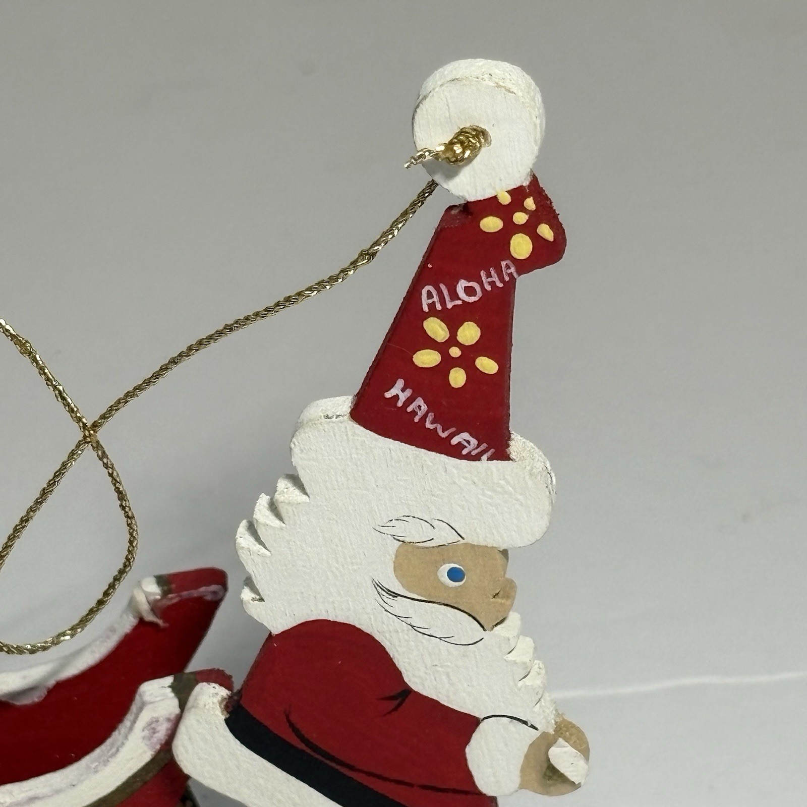 VTG Emgee Hawaii Ornament Lost in Paradise Santa Sleigh Reindeer Wood TLC *AS IS