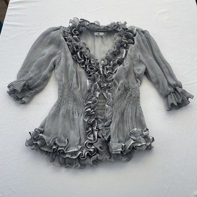 Damen transparente Bluse New Look Rüschen vorne Größe siehe Bilder grau 31811