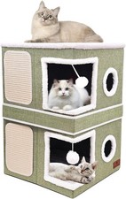 2-Story Cat House Indoor Cats Dual-Purpose Cave Bed W/ Scratch Pad  Fluffy Ball