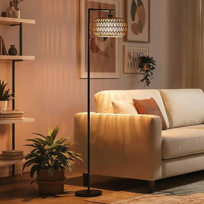 Boho Stehlampe mit Doppelschirm, dimmbare Stehlampe für Schlafzimmer, schwarz