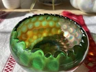Art Deco Fenton Coin Dot Green Carnival Glass Rose Bowl Scalloped Iridescent 5''