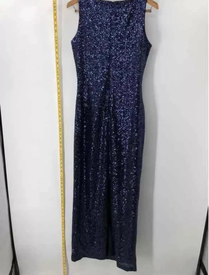 Vestido de noite Belle Badgley Mischka feminino azul marinho sem mangas lantejoulas extravagante tamanho 10 - Imagem 2 de 4