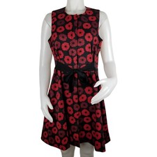 Maison Jules Womens Size 8 Red & Black Sleeveless Floral Dress Button Front