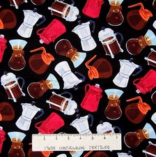 Food Fabric - Coffee Carafe Pots Toss Black - Timeless Treasures YARD
