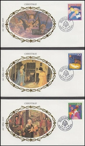 NEW ZEALAND BENHAM SILK FDC's 1987 CHRISTMAS SET (3) (ID:06/D44508)
