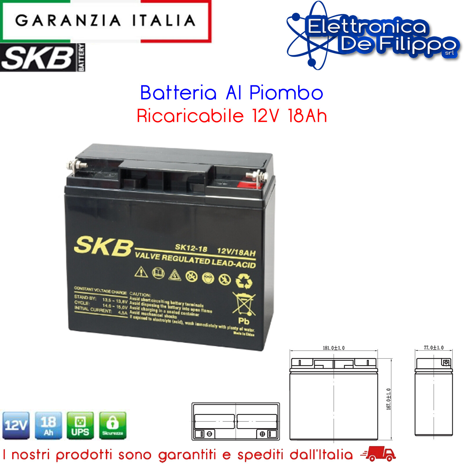 Batteria Al Piombo Ricaricabile 12V 18Ah