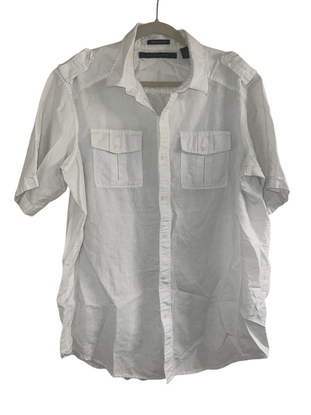 Sean John Men's White Short Sleeve Solid Linen Sz XL Shirt