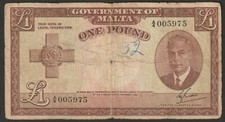 Malta 1 Pound P-22 (1949) "VG" Low Serial