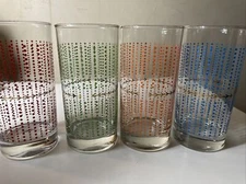 Vintage Set Of 4 Signed Crisa 16 Oz Glasses Orange, Green, Red & Blue Polka Dots