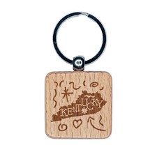 Kentucky State with Text Swirls Engraved Wood Square Keychain Tag Charm