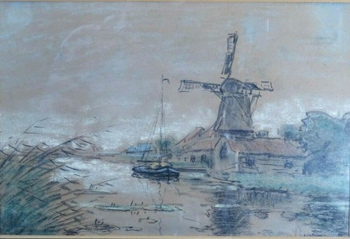 Dutch windmills Ger van Vliet pair signed period frame original pastel painting - Picture 4 of 5