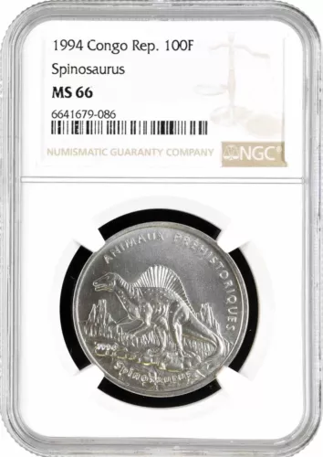 Congo Republic 100 francs 1994, NGC MS66, "Prehistoric animals - Spinosaurus"