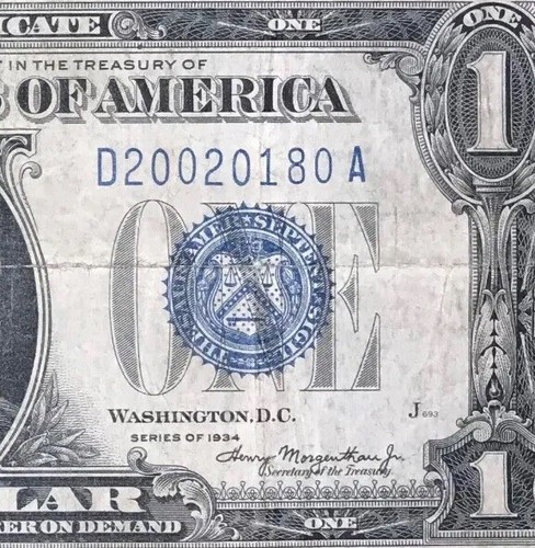 D 20020180 A : $1 One Dollar Bill 1934 FUNNY BACK / SILVER CERTIFICATE 💵 - Picture 3 of 3