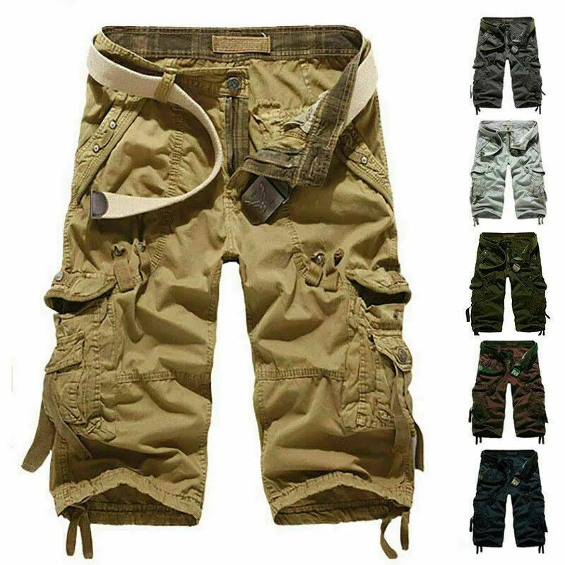 Pantalones Cortos de Combate de Carga de Algodón Cintura Elástica de 3/4 Largos Informales para Hombres