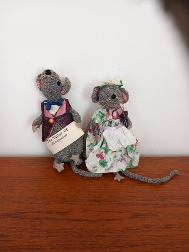 2 VINTAGE HANDMADE WOOL AND MATERIAL MICE FIGURES 20CMS TALL