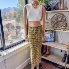 Inoah, Art to Wear, Stretch Pull On Long Green Skirt w/ Side Slit, Women's Small