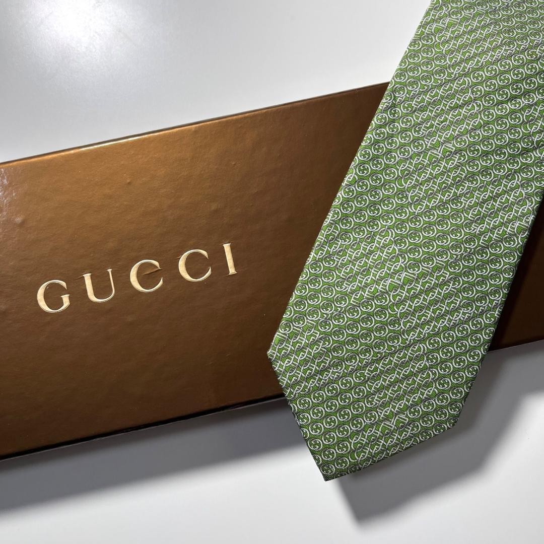 GUCCI Necktie Tie Green All over GG Logo pattern 100% Silk Made in Italy Men's