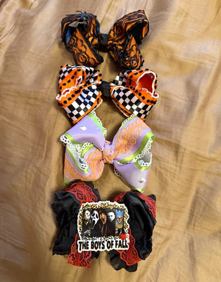 Girls Handmade Ribbon & Lace Bow, Multicolor Mixed Patterns, Halloween Party