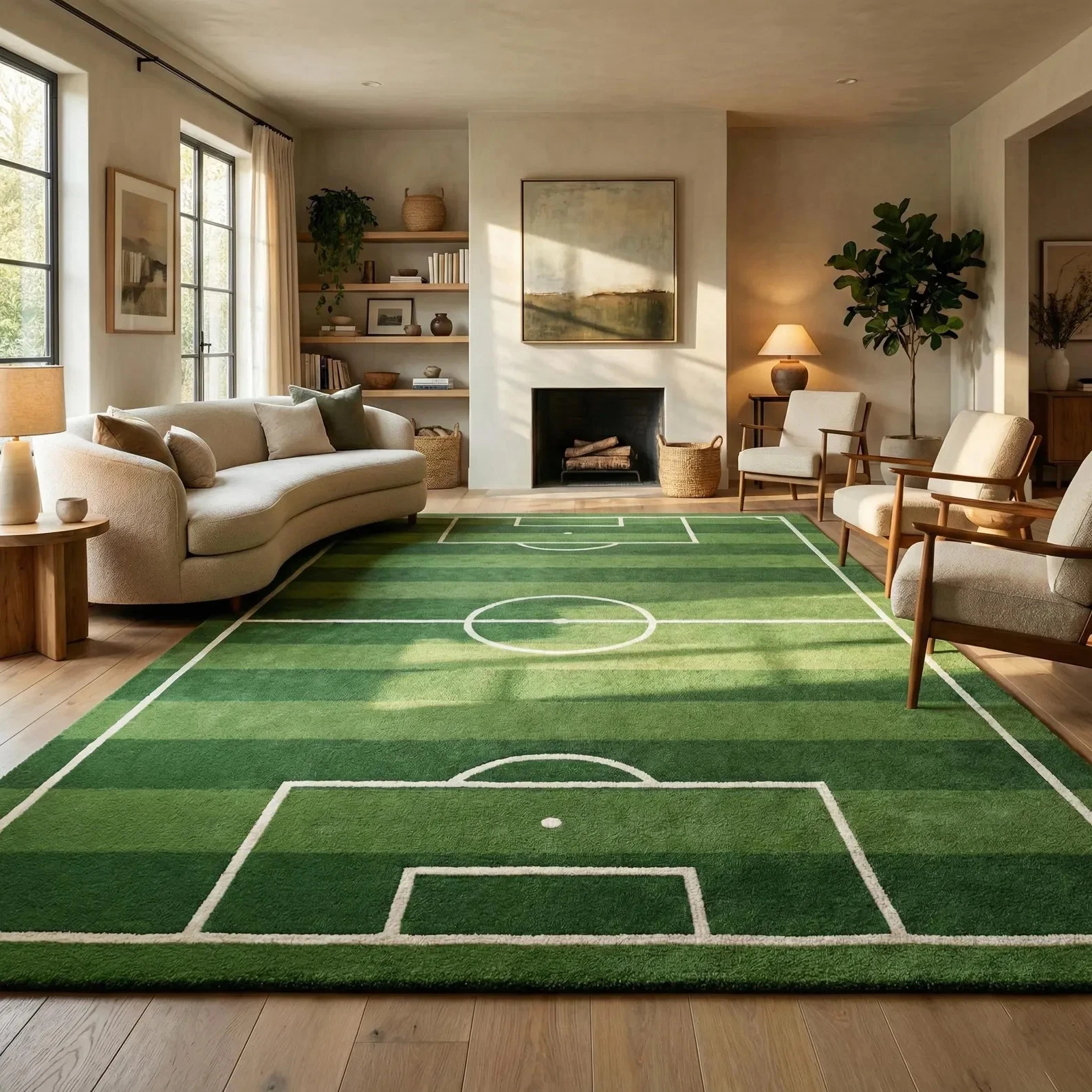 Hand Tufted Soccer Field Area Rug, Kids Playroom Sports Handmade Carpet Decor
