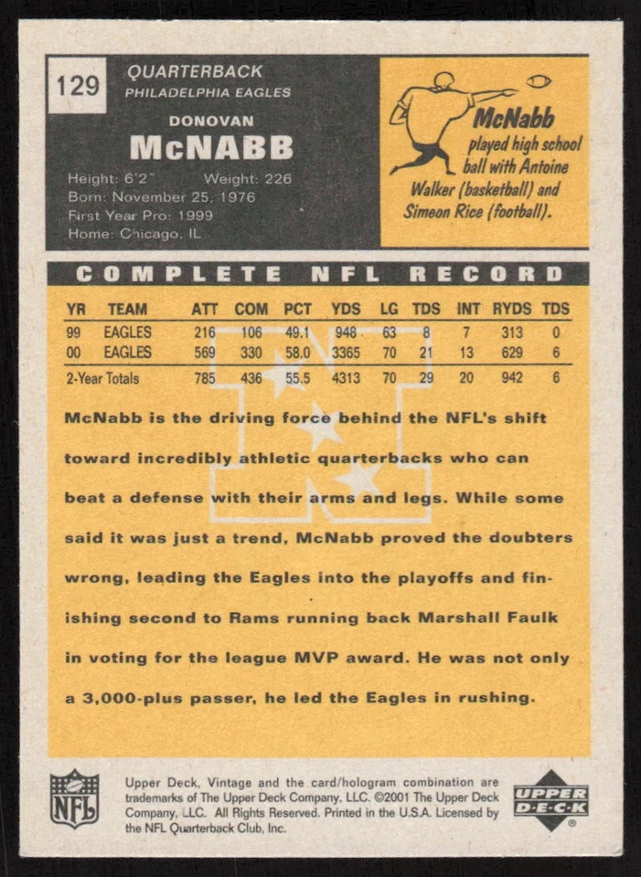 2001 Upper Deck Vintage Donovan McNabb #129 Philadelphia Eagles - Image 2 of 2