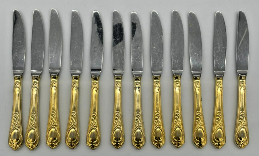 Lot of 12 Rostfrei Solingen SBS Gold Tone Handles Vintage Dinner