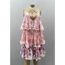 Hemant & Nandita Dress Women M Suki Floral Embroidered Mini Tiered Restort Vacay