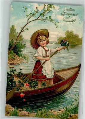 38152137 - Maedchen im Trachtenkleid im Ruderboot mit Blumenstrauss E.A.S.