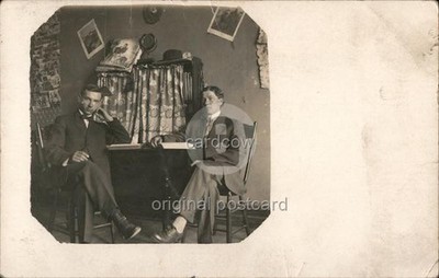 Winfield, Kansas KS Two men suits pose table Original Vintage Real Photo RPPC