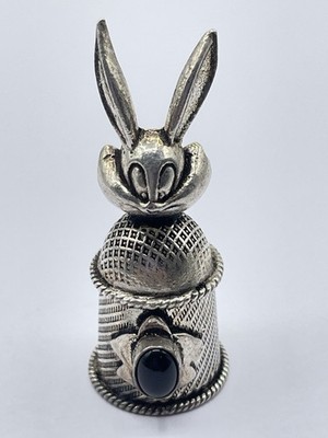 Chunky Vintage Sterling Silver & Cabochon Onyx Bugs Bunny Thimble
