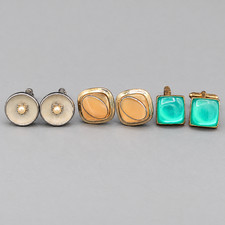 Vintage Cufflinks Lot 3 Pairs Green Beige Faux Pearl Gold & Silver Tone