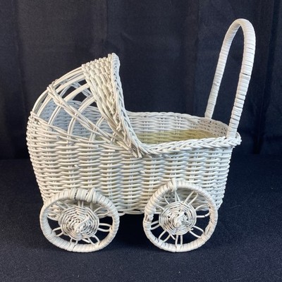 Vintage White Wicker Baby Carriage Planter Basket Pram Nursery Shabby-Chic Decor