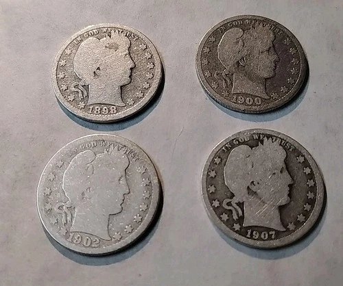 Lot of 4 Barber Quarters w/Dates 1898 P, 1900 P, 1902 P And 1907D 90% Silver BQ4