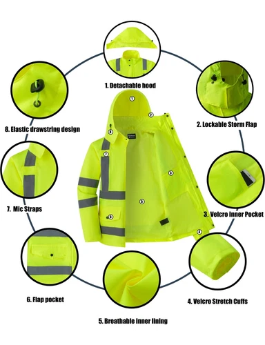 Men Waterproof Safety Rain Jacket Visibility Reflective Safety Raincoat Hooded image 4