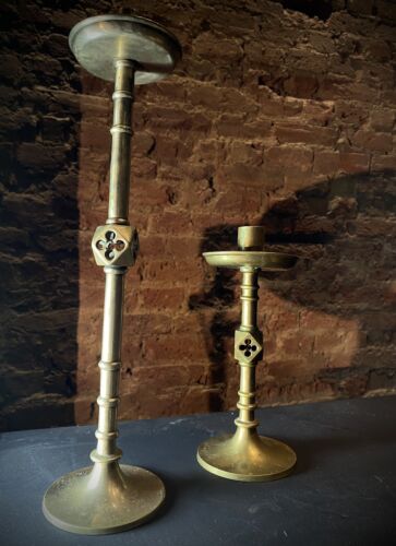 X2 Weighty Antique Church / Alter Candlesticks Brass Gothic Candle Holders - Picture 1 of 12