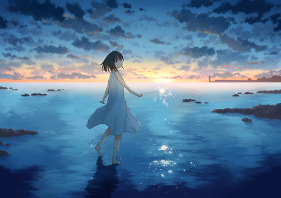 Anime 2d artwork digital art landscape sky clouds beach Playmat Gaming Mat Desk