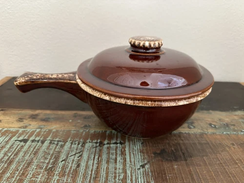 Vintage Hull Pottery Oven Proof USA Brown Drip Soup Crock w/ Handle and Lid