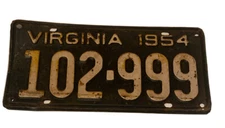 Vintage 1954 virginia license plate 102-999