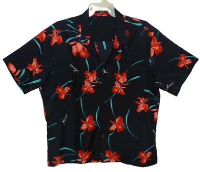 Sz 2XL Vin Hawaiian Aloha Shirt Black with Tropical Flowers Poly Missing Buttons