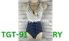 Women's Striped V-Neck Full Coverage One Piece Swimsuit - Kona Sol, Navy Blue, S